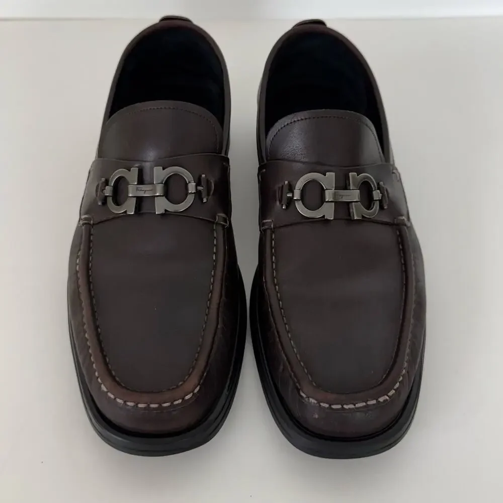 Ferragamo David Gancini Bit Leather Loafers Lug Sole Slip-On Shoes Mens 12D